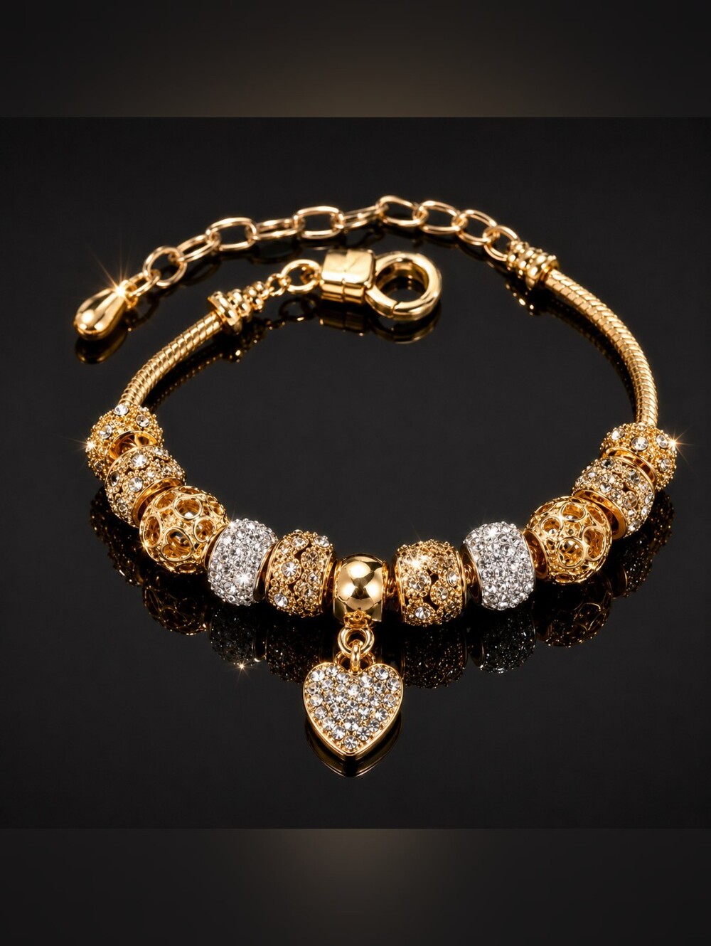Charm Beaded Heart Bracelet. Alloy Copper Micro incert DIY. Big Bead Crystal